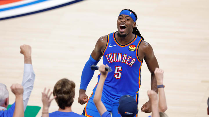 Oklahoma City Thunder guard Luguentz Dort celebrates after a play against the Indiana Pacers during the second half during Game 7 of the 2025 NBA Finals.