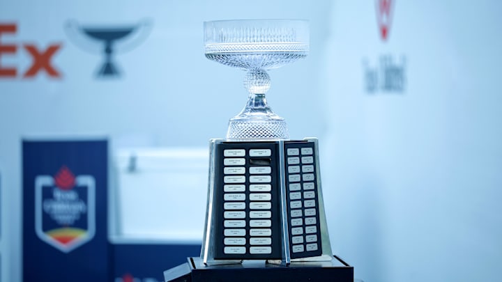 The Houston Open championship trophy sits on the first hole tee this week.