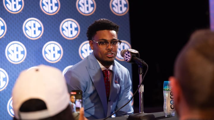 Jul 15, 2024; Dallas, TX, USA; Ole Miss receiver Tre Harris speaking at Omni Dallas Hotel. Mandatory Credit: Brett Patzke-USA TODAY Sports Jul 15, 2024; Dallas, TX, USA; Ole Miss receiver Tre Harris speaking at Omni Dallas Hotel. Mandatory Credit: Brett Patzke-USA TODAY Sports