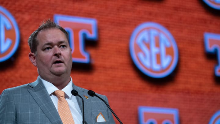 Tennessee Head Coach Josh Heupel speaks at the 2023 SEC Football Kickoff Media Days at the Nashville Grand Hyatt on Broadway, Thursday, July 20, 2023.