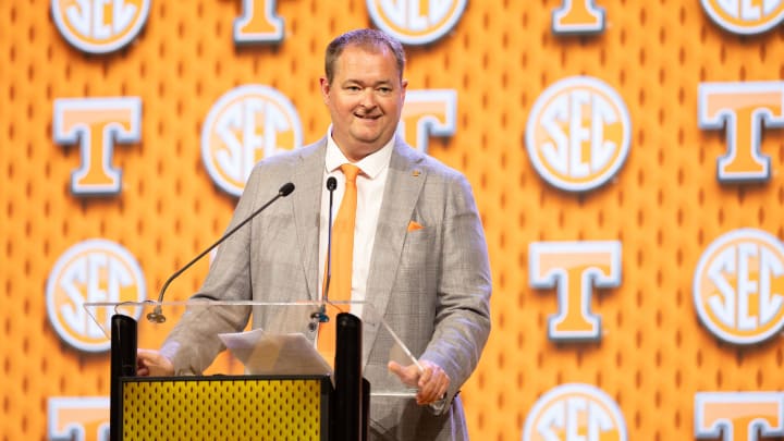 Jul 16, 2024; Dallas, TX, USA; Tennessee head coach Josh Heupel speaking at Omni Dallas Hotel. Mandatory Credit: Brett Patzke-USA TODAY Sports Jul 16, 2024; Dallas, TX, USA; Tennessee head coach Josh Heupel speaking at Omni Dallas Hotel. Mandatory Credit: Brett Patzke-USA TODAY Sports