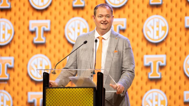 Jul 16, 2024; Dallas, TX, USA; Tennessee head coach Josh Heupel speaking at Omni Dallas Hotel. Mandatory Credit: Brett Patzke-USA TODAY Sports Jul 16, 2024; Dallas, TX, USA; Tennessee head coach Josh Heupel speaking at Omni Dallas Hotel. Mandatory Credit: Brett Patzke-USA TODAY Sports