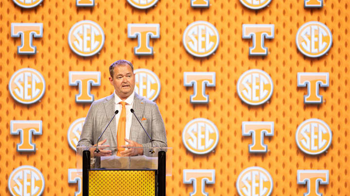Jul 16, 2024; Dallas, TX, USA; Tennessee head coach Josh Heupel speaking at Omni Dallas Hotel. Mandatory Credit: Brett Patzke-Imagn Images