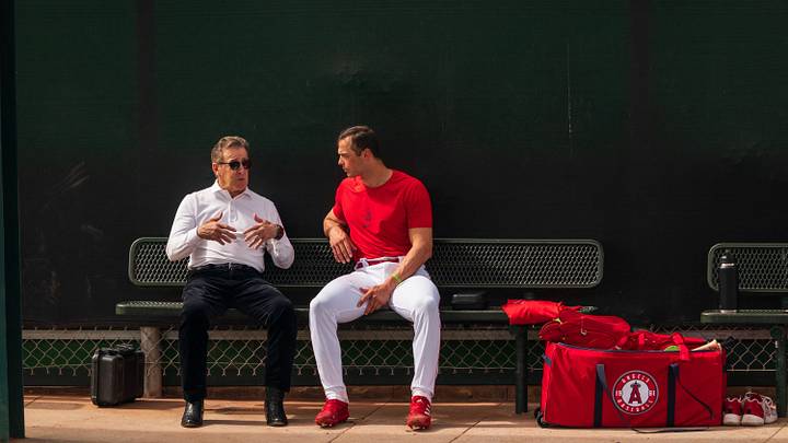Los Angeles Angels team owner Arturo “Arte” Moreno speaks with catcher Logan O’Hoppe. Los Angeles Angels team owner Arturo “Arte” Moreno speaks with catcher Logan O’Hoppe.