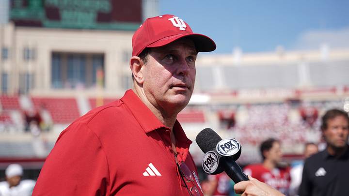 Sep 5, 2026; Bloomington, Indiana, USA;  Indiana Hoosiers head coach Curt Cignetti is interviewed after defeating the North Texas Mean Green at Merchants Bank Field at Memorial Stadium.  Mandatory Credit: Robert Goddin-Imagn Images