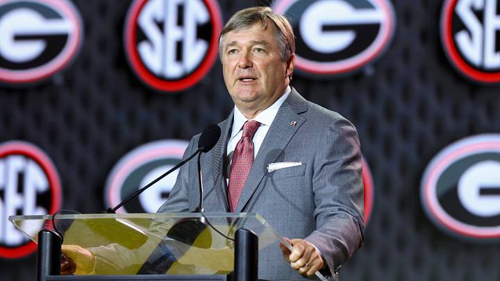Jul 21, 2026; Tampa, FL, USA; Georgia Bulldogs head coach Kirby Smart speaks to the press during SEC Football Kickoff Media Day at the Tampa Marriott. Mandatory Credit: Nathan Ray Seebeck-Imagn Images