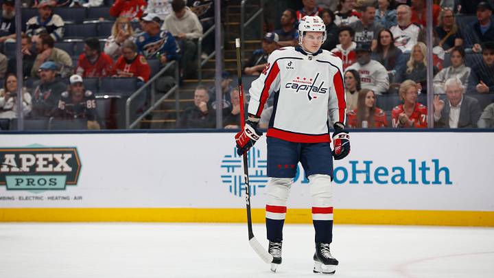 Apr 14, 2026; Columbus, Ohio, USA; Washington Capitals left wing Ilya Protas (62) during the first period against the Columbus Blue Jackets at Nationwide Arena. Mandatory Credit: Russell LaBounty-Imagn Images Apr 14, 2026; Columbus, Ohio, USA; Washington Capitals left wing Ilya Protas (62) during the first period against the Columbus Blue Jackets at Nationwide Arena. Mandatory Credit: Russell LaBounty-Imagn Images