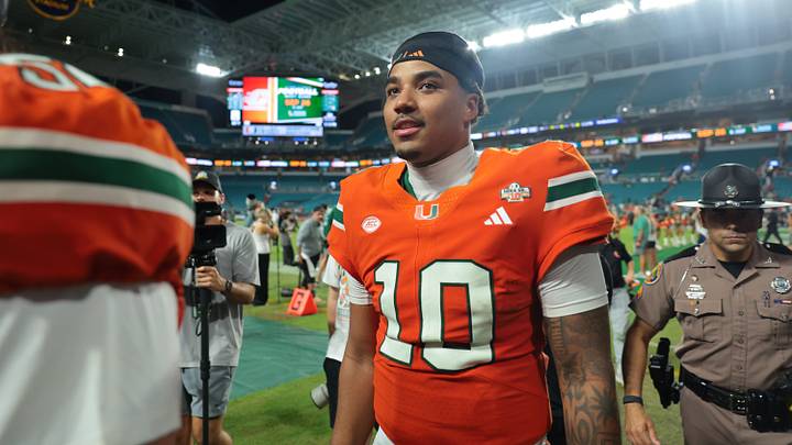 Sep 10, 2026; Miami Gardens, Florida, USA;  Miami Hurricanes quarterback Darian Mensah (10) looks on after defeating the against the Florida A&M Rattlers at Hard Rock Stadium.  Mandatory Credit: Sam Navarro-Imagn Images