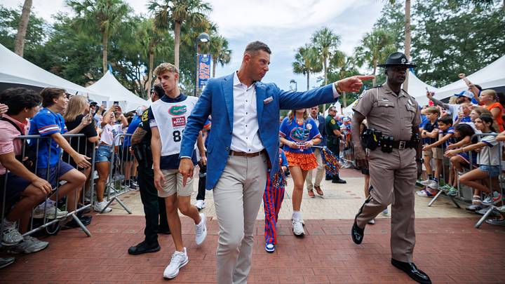 Sep 5, 2026; Gainesville, Florida, USA; Florida Gators head coach Jon Sumrall gestures during Gator Walk before a game against the Florida Atlantic Owls at Ben Hill Griffin Stadium. Mandatory Credit: Matt Pendleton-Imagn Images