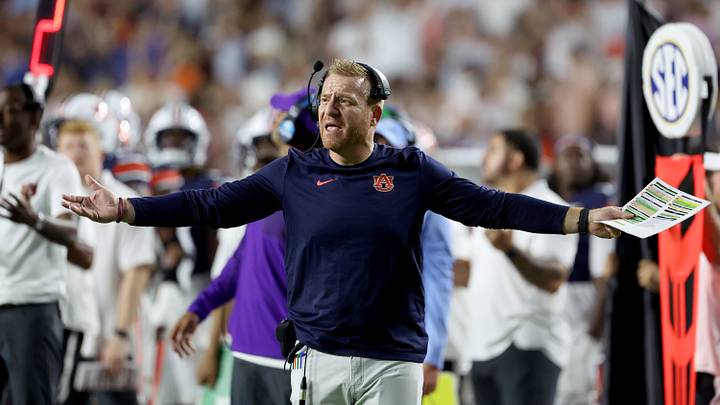 Sep 19, 2026; Auburn, Alabama, USA;  Auburn Tigers Alex Golesh reacts to a call during the third quarter against the Florida Gators at Jordan-Hare Stadium.  Mandatory Credit: John Reed-Imagn Images