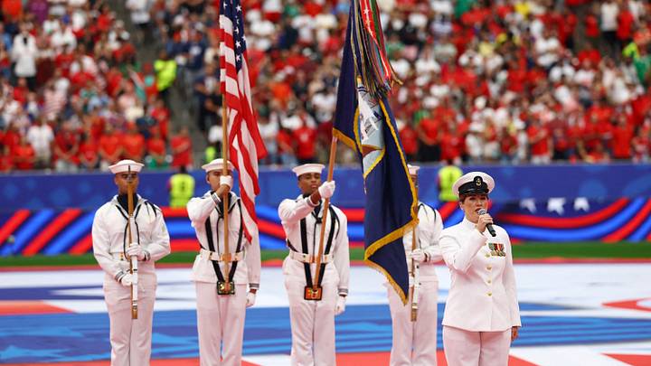 Soccer Football - FIFA World Cup 2026 - Round of 16 - Canada v Morocco - Houston Stadium, Houston, Texas, U.S. - July 4, 2026 Members of the U.S. Navy sing their national anthem as the as the United States celebrates its 250th anniversary on Independence Day inside the stadium before the match REUTERS/Kai Pfaffenbach     TPX IMAGES OF THE DAY
