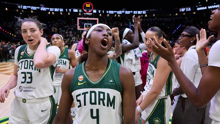 Jun 27, 2026; Seattle, Washington, USA; Seattle Storm guard Flau'jae Johnson (4) reacts following her team’s victory over the Atlanta Dream at Climate Pledge Arena. Mandatory Credit: Richard Dizon-Imagn Images Jun 27, 2026; Seattle, Washington, USA; Seattle Storm guard Flau'jae Johnson (4) reacts following her team’s victory over the Atlanta Dream at Climate Pledge Arena. Mandatory Credit: Richard Dizon-Imagn Images