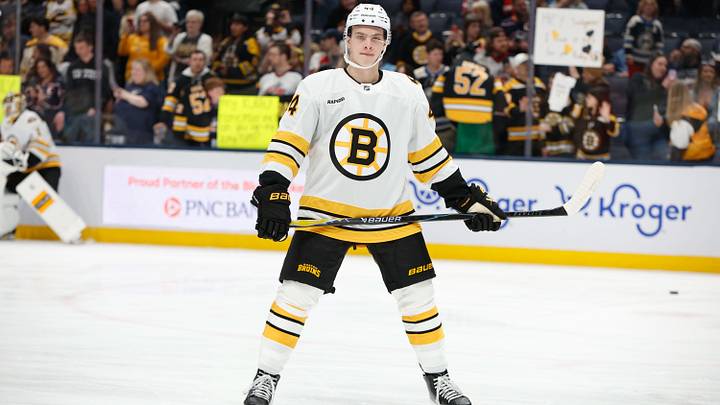Apr 12, 2026; Columbus, Ohio, USA; Boston Bruins center James Hagens (44) during pregame warmup against the Columbus Blue Jackets at Nationwide Arena. Mandatory Credit: Russell LaBounty-Imagn Images