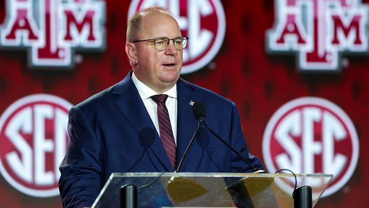 Texas A&M Aggies head coach Mike Elko speaks to the press during SEC Football Kickoff Media Day at the Tampa Marriott. Texas A&M Aggies head coach Mike Elko speaks to the press during SEC Football Kickoff Media Day at the Tampa Marriott.