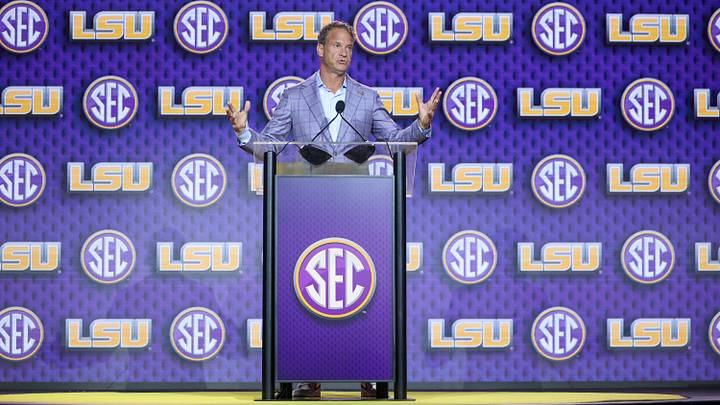 Jul 23, 2026; Tampa, FL, USA; LSU Tigers head coach Lane Kiffin speaks to the press during SEC Football Kickoff Media Day at the Tampa Marriott. Mandatory Credit: Nathan Ray Seebeck-Imagn Images