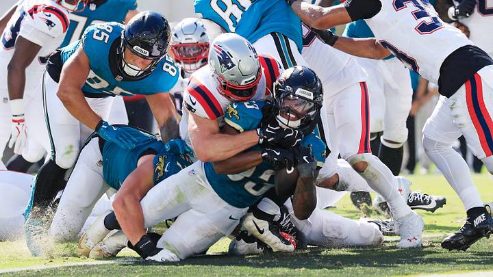 Jacksonville Jaguars running back Bhayshul Tuten (33) scores a rushing touchdown during the fourth quarter of an NFL football matchup at EverBank Stadium on Sunday, Sept. 27, 2026, in Jacksonville, Fla. The Jaguars defeated the Patriots 35-6. Jacksonville Jaguars running back Bhayshul Tuten (33) scores a rushing touchdown during the fourth quarter of an NFL football matchup at EverBank Stadium on Sunday, Sept. 27, 2026, in Jacksonville, Fla. The Jaguars defeated the Patriots 35-6.