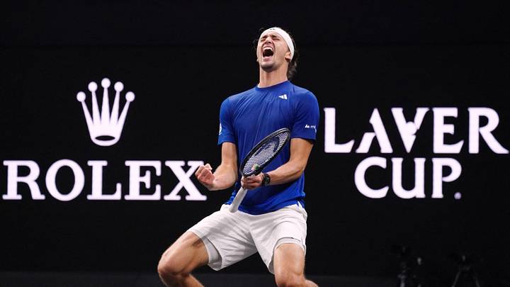 Sep 21, 2025; San Francisco, CA, USA;  Team Europe player Alexander Zverev celebrates after winning a point against Team World player Taylor Fritz during the Laver Cup at Chase Center. Mandatory Credit: David Gonzales-Imagn Images