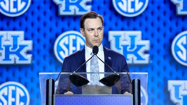 Jul 20, 2026; Tampa, FL, USA; Kentucky Wildcats head coach Will Stein speaks to the press during SEC Football Kickoff Media Day at the Tampa Marriott. Mandatory Credit: Nathan Ray Seebeck-Imagn Images