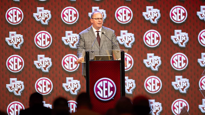 Jul 18, 2024; Dallas, TX, USA; Texas A&M head coach Mike Elko speaking at Omni Dallas Hotel. Jul 18, 2024; Dallas, TX, USA; Texas A&M head coach Mike Elko speaking at Omni Dallas Hotel.