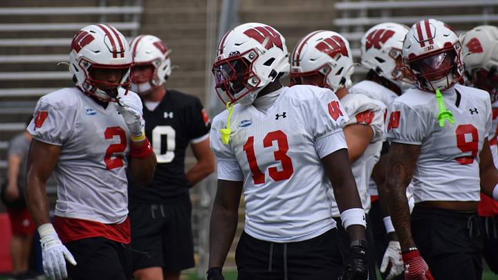 Wisconsin wideouts Chris Brooks Jr (2), Eugene Hilton (13) and Jaylon Domingeaux (9). Wisconsin wideouts Chris Brooks Jr (2), Eugene Hilton (13) and Jaylon Domingeaux (9).