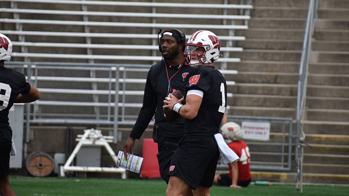 Colton Joseph during Wisconsin football practice on August 6.