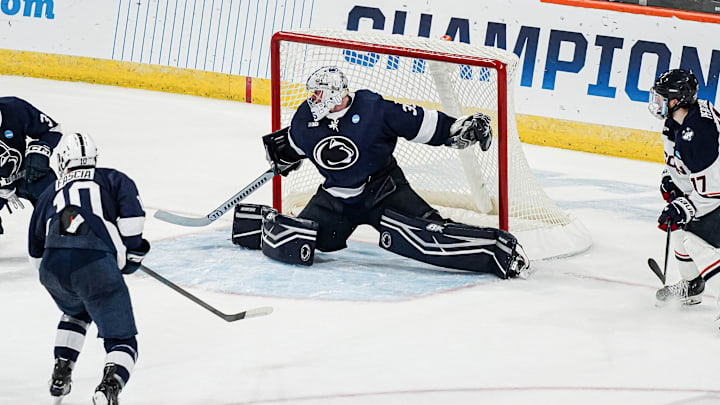 Penn State goaltender Arsenii Sergeev watches the puck against UConn in the NCAA Tournament Allentown Regional final.