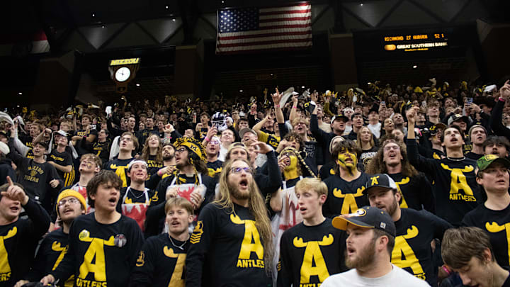 Dec 8, 2024; Columbia, Missouri, USA; The Mizzou student section during the Missouri Tigers' game against the Kansas Jayhawks at Mizzou Arena. 