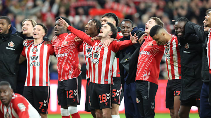 Players of Sunderland react after the Sunderland vs Newcastle United Premier League match at the Stadium of Light, Sunderland. Players of Sunderland react after the Sunderland vs Newcastle United Premier League match at the Stadium of Light, Sunderland.