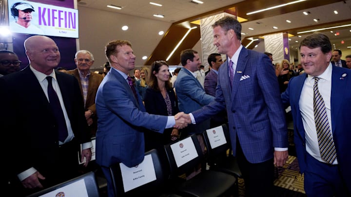 Dec 1, 2025; Baton Rouge, LA, USA; LSU new head coach Lane Kiffin is introduced at South Stadium Club at Tiger Stadium. Mandatory Credit: Matthew Hinton-Imagn Images
