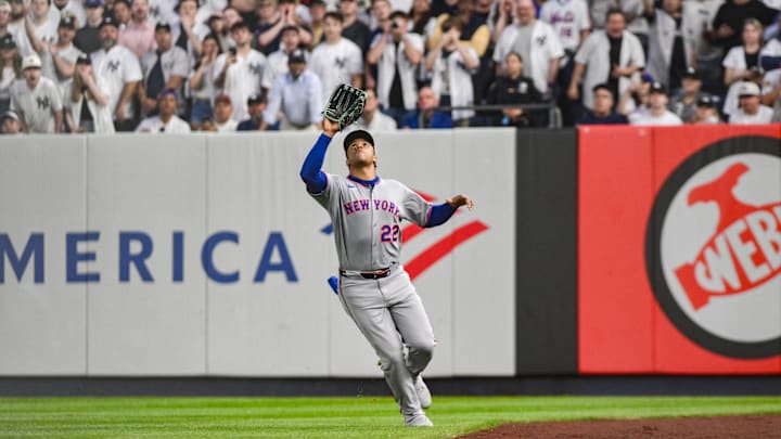 May 16, 2025; Bronx, New York, USA; New York Mets outfielder Juan Soto (22) fields a sacrifice fly hit by New York Yankees shortstop Anthony Volpe (not pictured) during the third inning at Yankee Stadium. Mandatory Credit: John Jones-Imagn Images