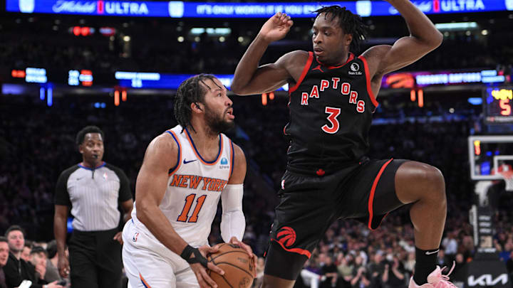 Dec 11, 2023; New York, New York, USA; New York Knicks guard Jalen Brunson (11) looks to shoot the ball while being defended by Toronto Raptors forward O.G. Anunoby (3) during the second quarter at Madison Square Garden. Mandatory Credit: John Jones-Imagn Images