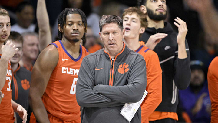 Feb 22, 2025; Dallas, Texas, USA; Clemson Tigers head coach Brad Brownell looks on during the game between the SMU Mustangs and the Clemson Tigers at Moody Coliseum. Feb 22, 2025; Dallas, Texas, USA; Clemson Tigers head coach Brad Brownell looks on during the game between the SMU Mustangs and the Clemson Tigers at Moody Coliseum.