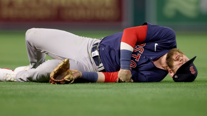 Apr 5, 2024; Anaheim, California, USA; Boston Red Sox shortstop Trevor Story (10) reacts after an Apr 5, 2024; Anaheim, California, USA; Boston Red Sox shortstop Trevor Story (10) reacts after an