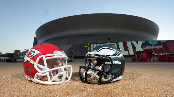 Feb 7, 2025; New Orleans, LA, USA; A general overall view of Kansas City Chiefs and Philadelphia Eagles helmets at the Caesars Superdome, the site of the Super Bowl LIX between the Kansas City Chiefs and the Philadelphia Eagles. Mandatory Credit: Kirby Lee-Imagn Images