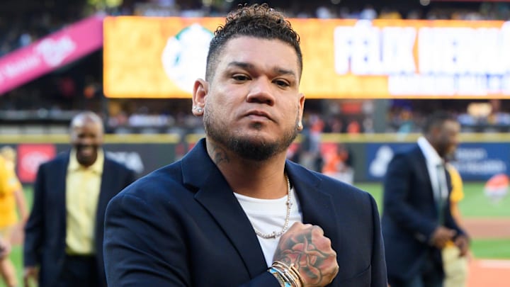 Aug 12, 2023; Seattle, Washington, USA; Former Seattle Mariner Felix Hernandez walks off the field after being inducted into the Mariners Hall of Fame prior to the game between the Seattle Mariners and the Baltimore Orioles at T-Mobile Park. Mandatory Credit: Steven Bisig-Imagn Images Aug 12, 2023; Seattle, Washington, USA; Former Seattle Mariner Felix Hernandez walks off the field after being inducted into the Mariners Hall of Fame prior to the game between the Seattle Mariners and the Baltimore Orioles at T-Mobile Park. Mandatory Credit: Steven Bisig-Imagn Images