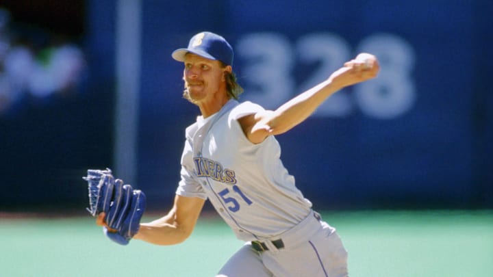Seattle Mariners pitcher (51) Randy Johnson in action against the Toronto Blue Jays at the Skydome in 1991.