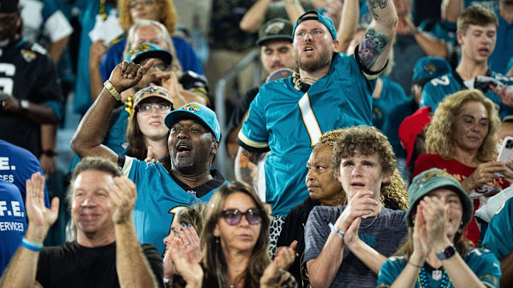 Jaguars fans celebrate after the Jaguars defeated the Chiefs 31-28 during a Monday Night NFL football game at EverBank Stadium, Monday, Oct. 6, 2025, in Jacksonville, Fla. [Doug EngleFlorida Times-Union]