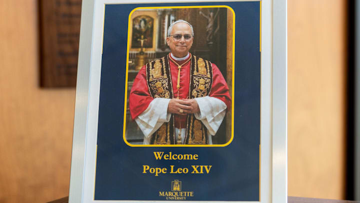 A photo of the newly elected Pope Leo XIV is seen outside of the Chapel of the Holy Family at the Alumni Memorial Union on Friday May 9, 2025, at Marquette University in Milwaukee, Wis.