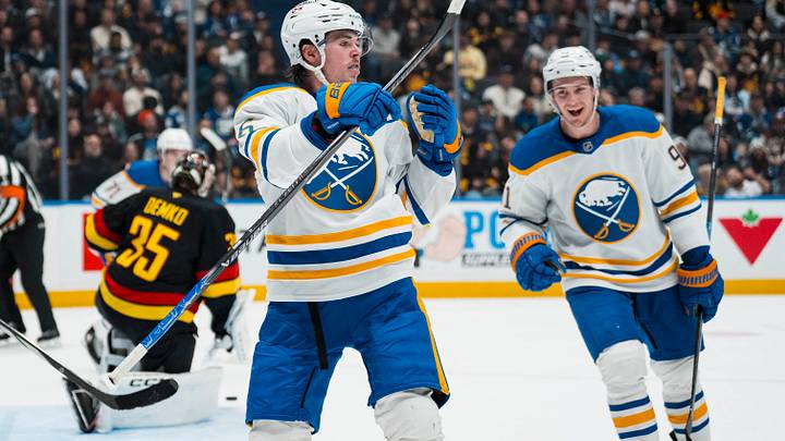 Dec 11, 2025; Vancouver, British Columbia, CAN; Buffalo Sabres forward Josh Doan (91) and forward Zach Benson (6) celebrate Benson’s goal against the Vancouver Canucks in the second period at Rogers Arena. Mandatory Credit: Bob Frid-Imagn Images Dec 11, 2025; Vancouver, British Columbia, CAN; Buffalo Sabres forward Josh Doan (91) and forward Zach Benson (6) celebrate Benson’s goal against the Vancouver Canucks in the second period at Rogers Arena. Mandatory Credit: Bob Frid-Imagn Images