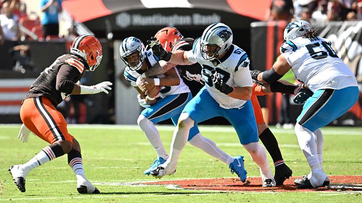 Cleveland Browns defensive tackle Mason Graham (94) sacks Carolina Panthers quarterback Bryce Young 