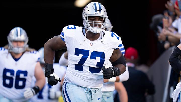 Dallas Cowboys offensive tackle Tyler Smith (73) before the game against the San Francisco 49ers at Levi's Stadium. Mandatory Credit: Kyle Terada-USA TODAY Sports Dallas Cowboys offensive tackle Tyler Smith (73) before the game against the San Francisco 49ers at Levi's Stadium. Mandatory Credit: Kyle Terada-USA TODAY Sports