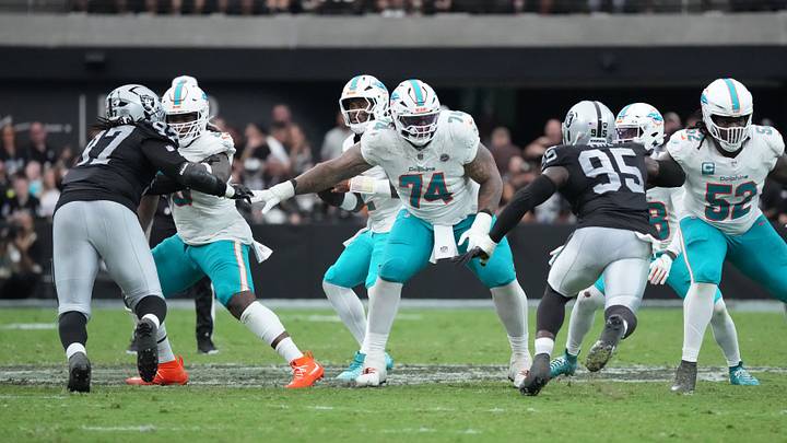 Miami Dolphins guard Kadyn Proctor (74) defends in the fourth quarter against the Las Vegas Raiders at Allegiant Stadium. Miami Dolphins guard Kadyn Proctor (74) defends in the fourth quarter against the Las Vegas Raiders at Allegiant Stadium.