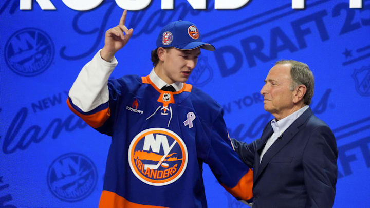 Jun 27, 2025; Los Angeles, California, USA; Matthew Schaefer is selected as the first overall pick to the New York Islanders in the first round of the 2025 NHL Draft at Peacock Theater. Mandatory Credit: Kirby Lee-Imagn Images