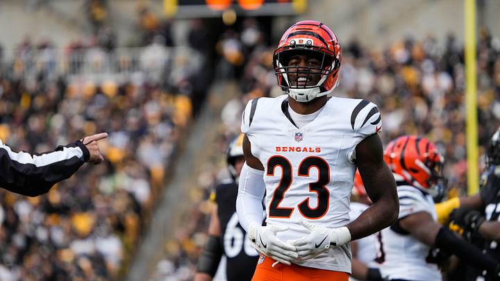 Bengals Dax Hill (23) celebrates a play during their game against the Steelers on Sunday November 16, 2025 at Acrisure Stadium.