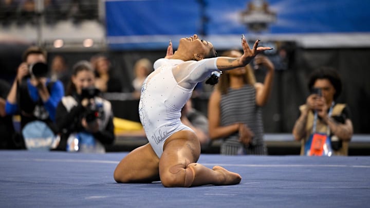 Apr 19, 2025; Fort Worth, TX, USA; UCLA Bruins gymnast Jordan Chiles performs on floor exercise during the 2025 Women's National Gymnastics Championship at Dickies Arena.