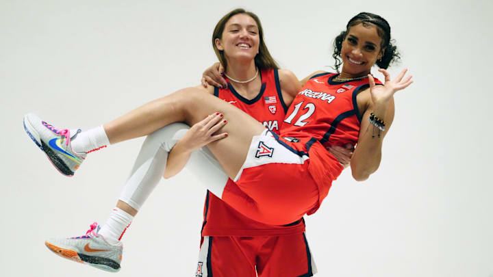 Oct 10, 2023; Las Vegas, NV, USA; Arizona Wildcats guard Helena Pueyo (13) and Esmery Martinez (12)