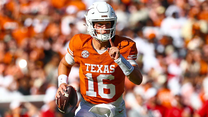 Oct 11, 2025; Dallas, Texas, USA;  Texas Longhorns quarterback Arch Manning (16) throws during the first half against the Oklahoma Sooners at the Cotton Bowl. Mandatory Credit: Kevin Jairaj-Imagn Images