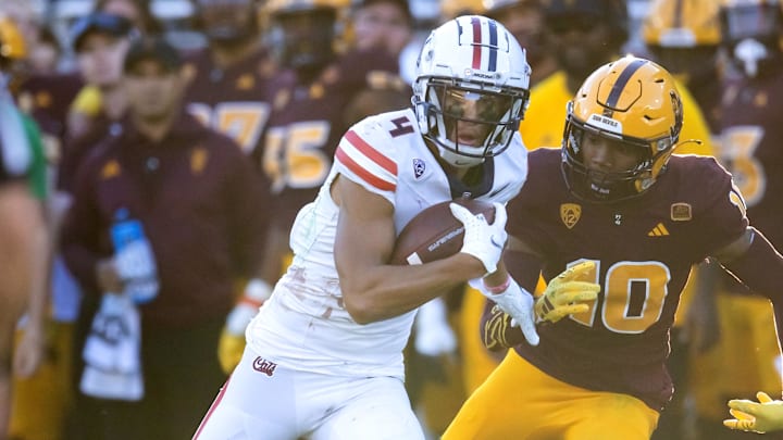 Nov 25, 2023; Tempe, Arizona, USA; Arizona Wildcats wide receiver Tetairoa McMillan (4) against the Arizona State Sun Devils in the first half of the Territorial Cup at Mountain America Stadium. Nov 25, 2023; Tempe, Arizona, USA; Arizona Wildcats wide receiver Tetairoa McMillan (4) against the Arizona State Sun Devils in the first half of the Territorial Cup at Mountain America Stadium.