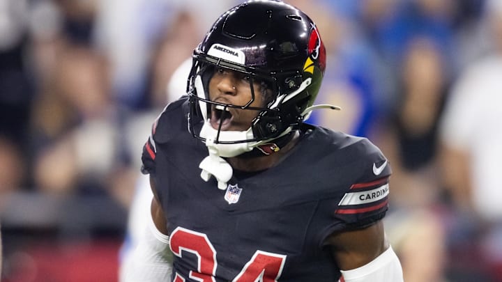 Arizona Cardinals safety Jalen Thompson celebrates after recovering a fumble from the Los Angeles Chargers.