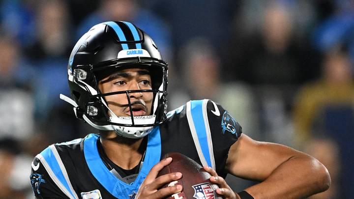 Oct 4, 2026; Charlotte, North Carolina, USA; Carolina Panthers quarterback Bryce Young looks to pass in the second  half at Bank of America Stadium.